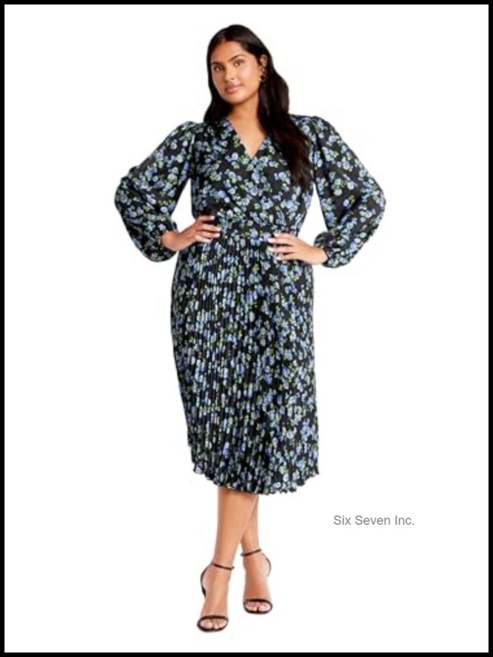 City Chic Plus Size Wrap Midi Dress Long Sleeve V-Neck Art Silk